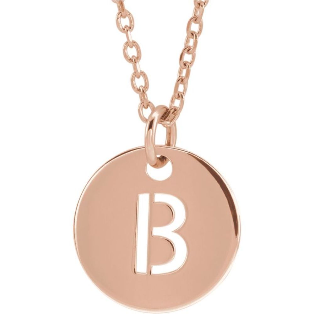 14k Rose Gold Initial B, Small 10mm Pierced Disc Necklace, 16-18 Inch